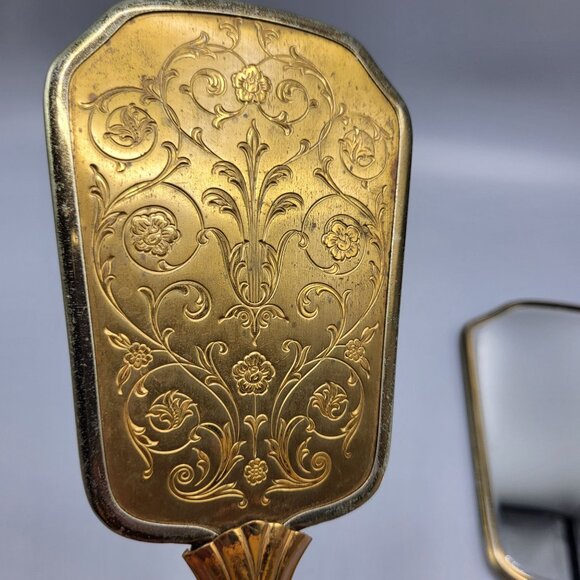 Vintage Vanity Mirror & Brush Set With Ornate Gold Finish Womens Dresser Set - Picture 10 of 10